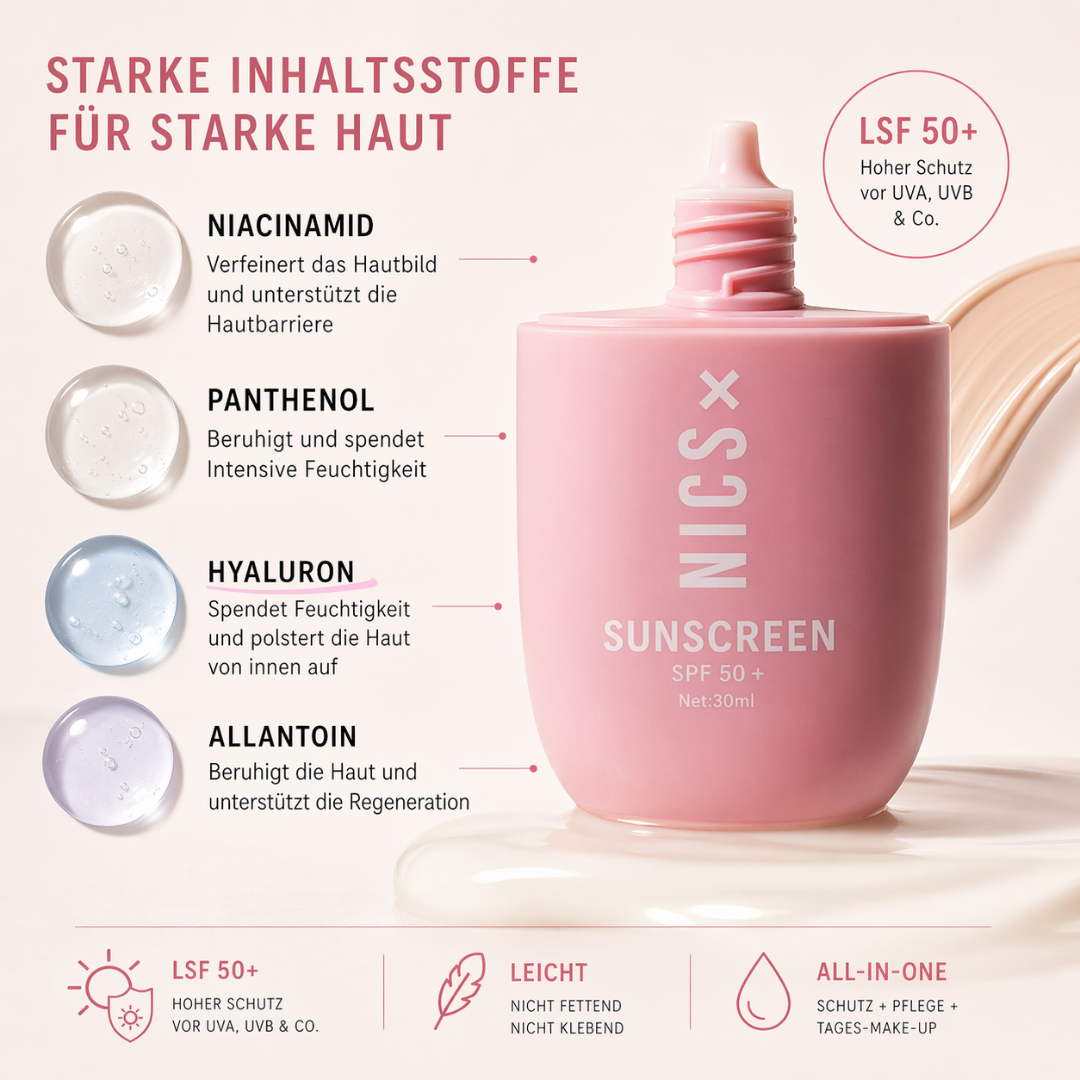 NICS x Sunscreen SPF 50+ : Getönter Sonnenschutz für Schutz, Pflege und einen ebenmäßigen Glow ✨