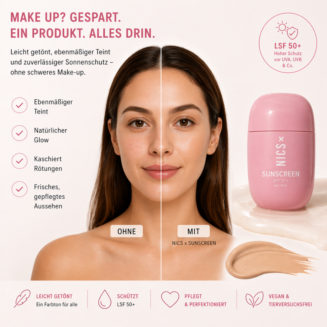 NICS x Sunscreen SPF 50+ : Getönter Sonnenschutz für Schutz, Pflege und einen ebenmäßigen Glow ✨